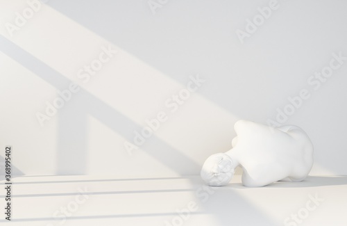 white twisted figure of a girl in an empty room with a ray of light