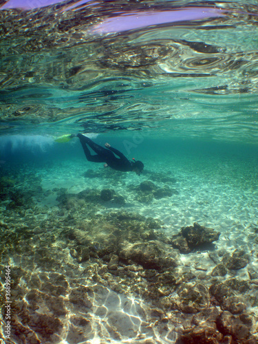 underwater scuba diver snorkel blue water caribbean sea 