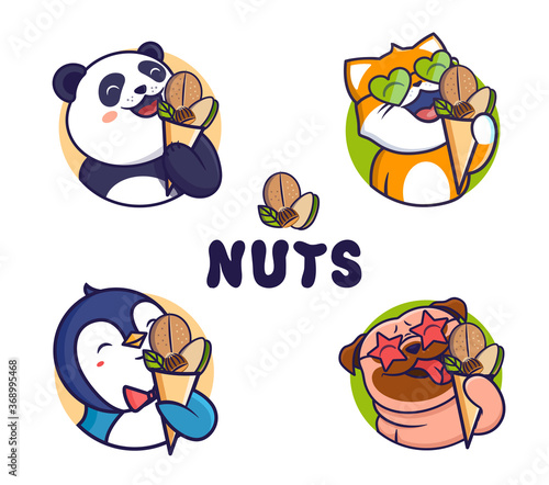 The funny set of animals enjoying a trail mix pack. Illustration for advertising nuts and dried fruits.