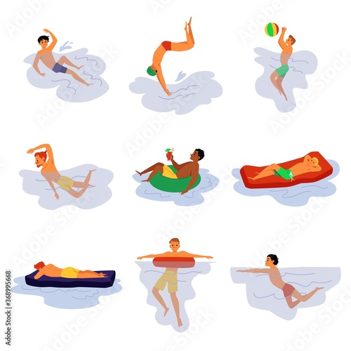 Swimming men cartoon characters set, flat vector illustration isolated on white.