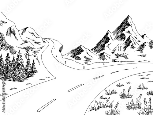 Mountain road graphic black white landscape sketch illustration vector
