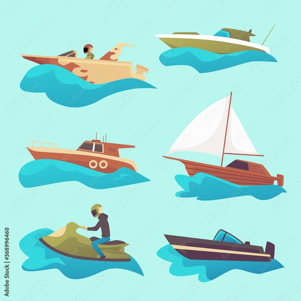 Set of motorized sea boats and fishing ships, flat vector illustration isolated.