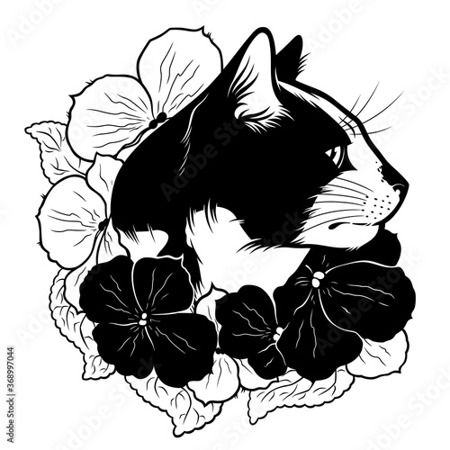 Cat black and white in flowers