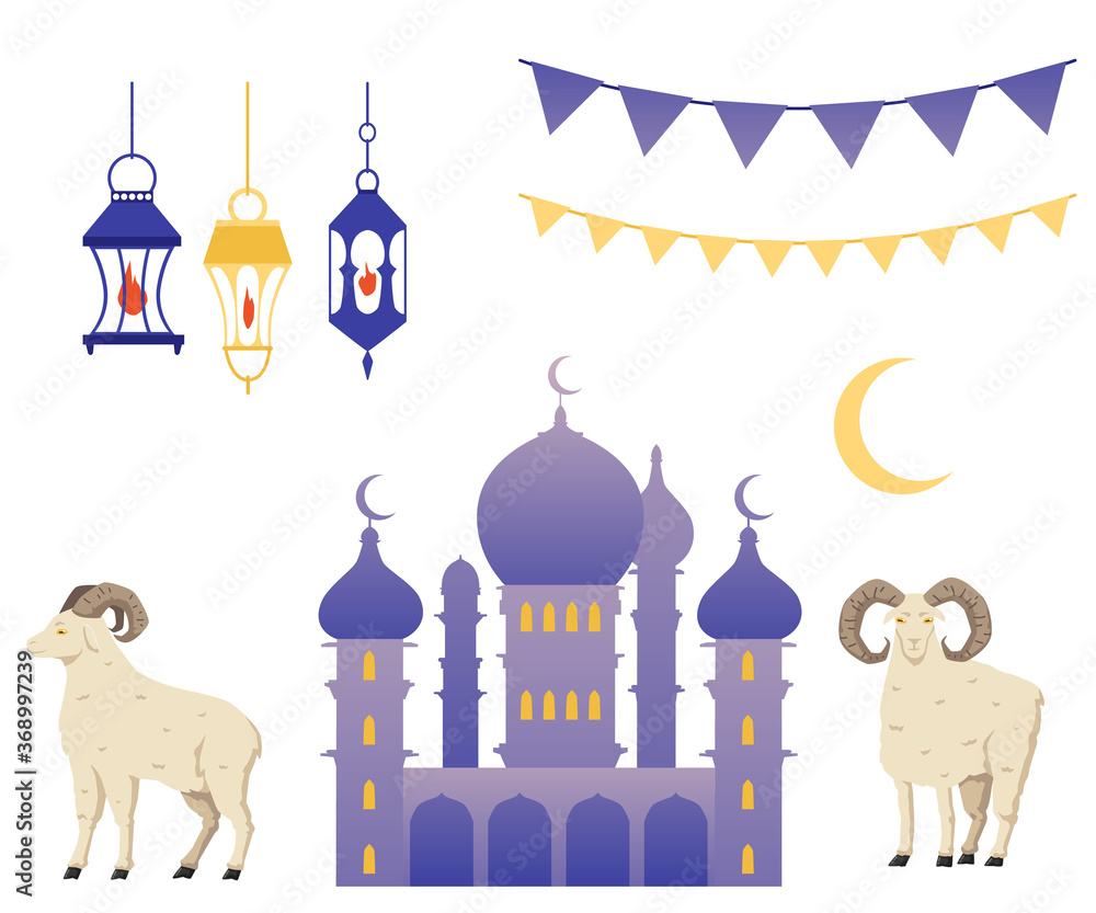 Religious Muslim holiday set - mosque building, Ramadan lanterns and sheep Religious Muslim holiday set - mosque building, Ramadan lanterns and sheep
