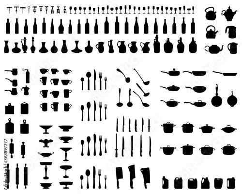 Black silhouettes of kitchenware on a white background