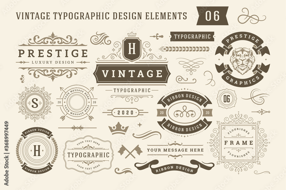 Vintage typographic design elements set vector illustration. - obrazy, fototapety, plakaty 