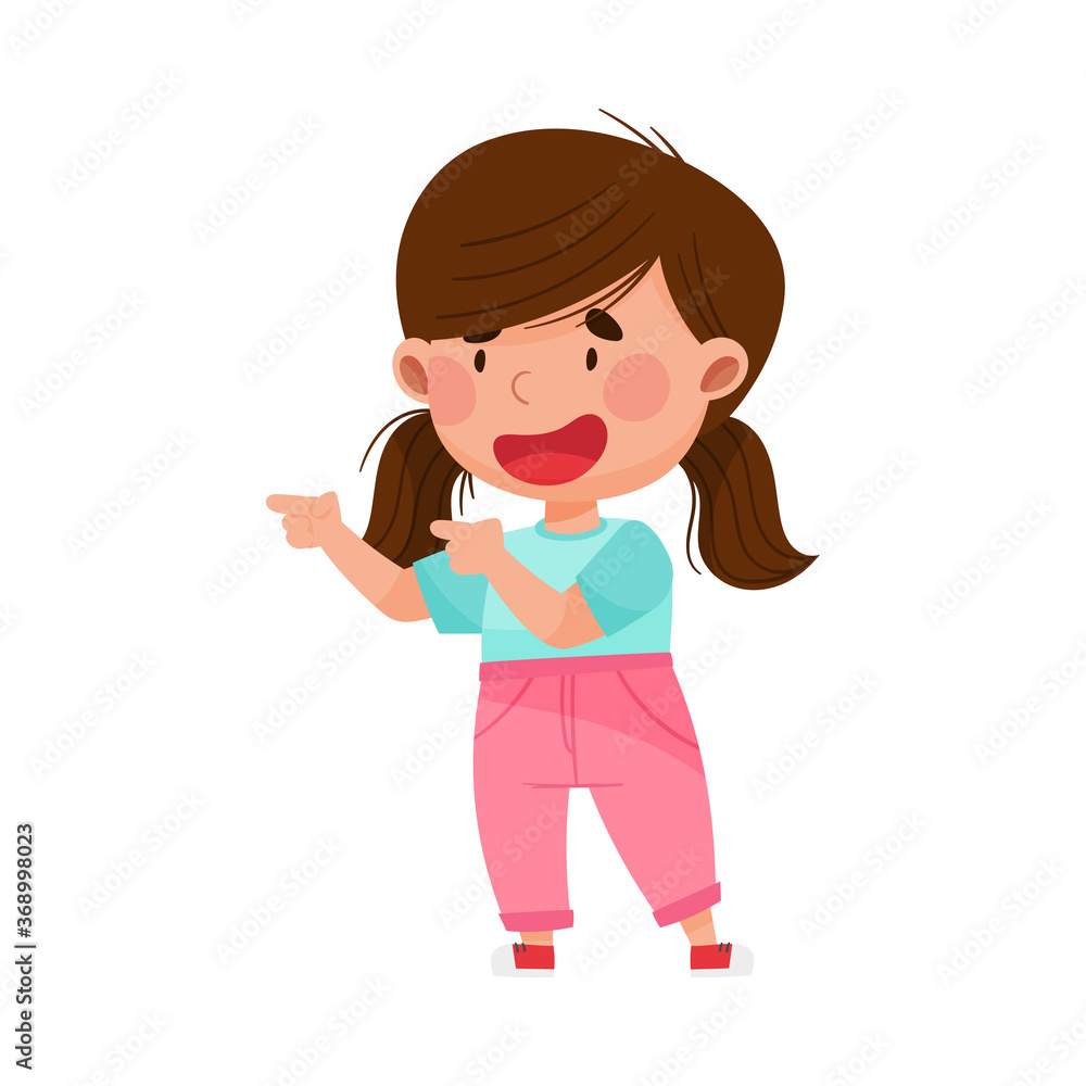 Smiling Girl Character with Dark Hair Pointing at Something with Her First Finger Vector Illustration Smiling Girl Character with Dark Hair Pointing at Something with Her First Finger Vector Illustration