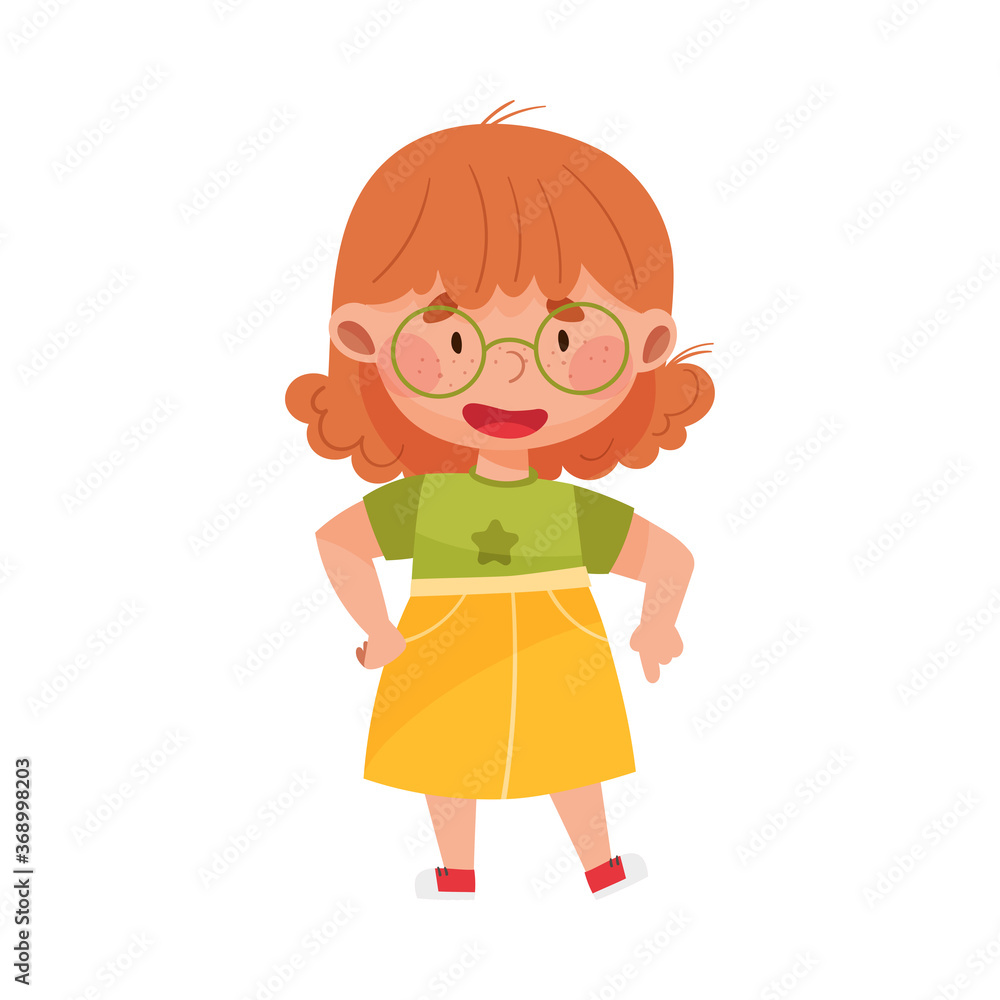 Smiling Girl Character with Red Hair Pointing at Something with Her First Finger Vector Illustration Smiling Girl Character with Red Hair Pointing at Something with Her First Finger Vector Illustration