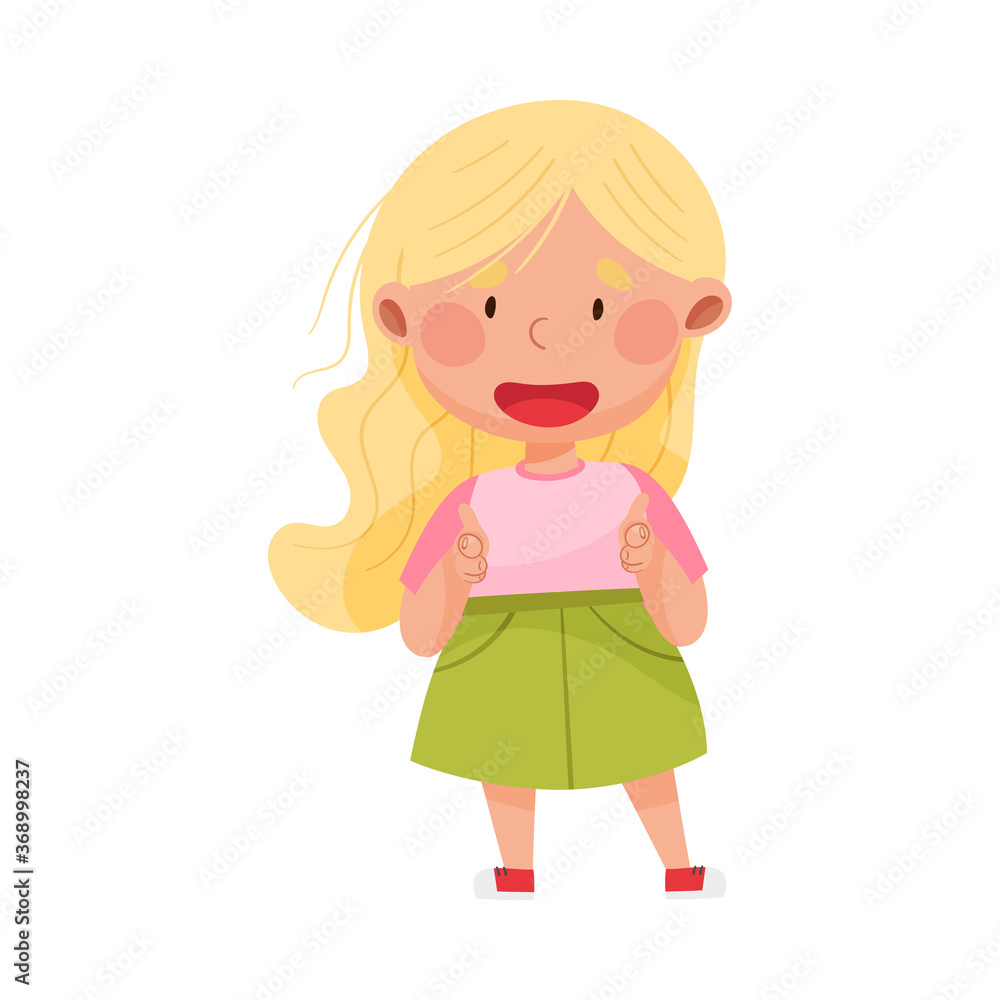 Smiling Girl Character with Blonde Hair Pointing at Something with Her First Finger Vector Illustration Smiling Girl Character with Blonde Hair Pointing at Something with Her First Finger Vector Illustration