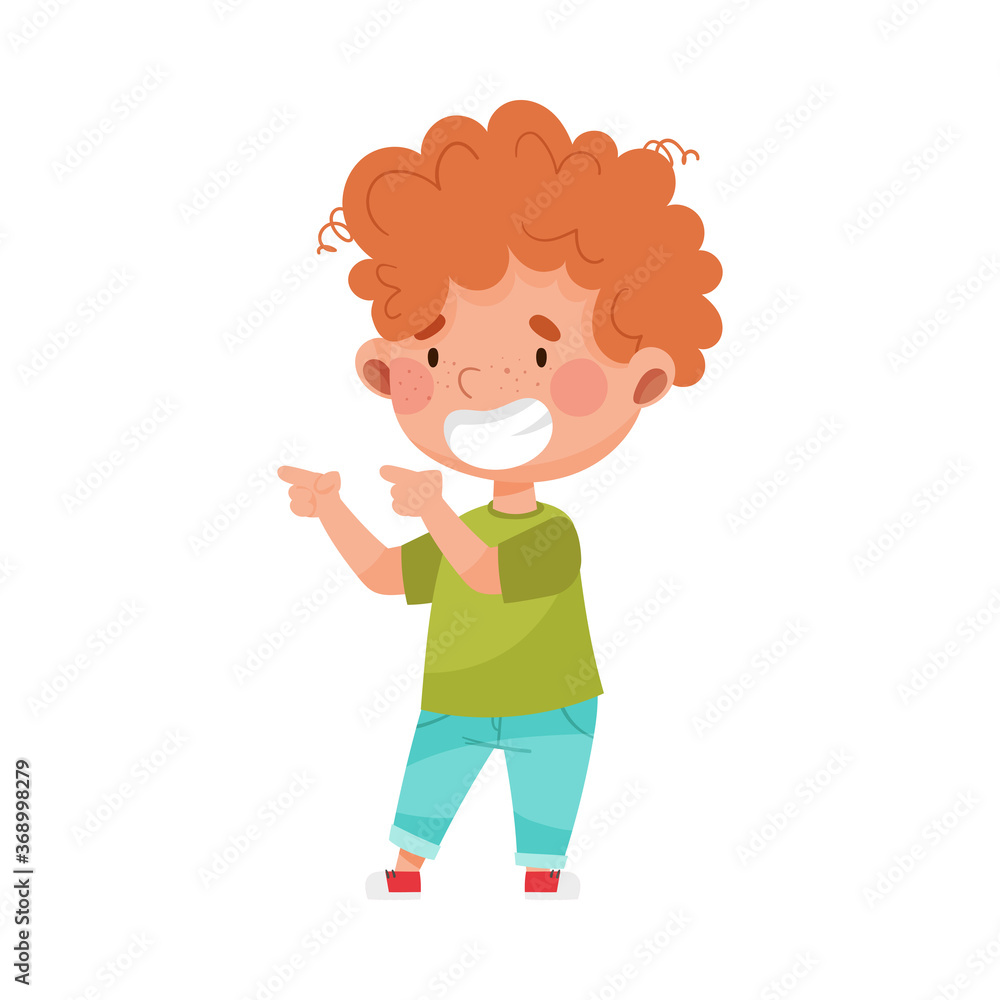 Red Haired Boy Character Pointing at Something with His First Finger Vector Illustration