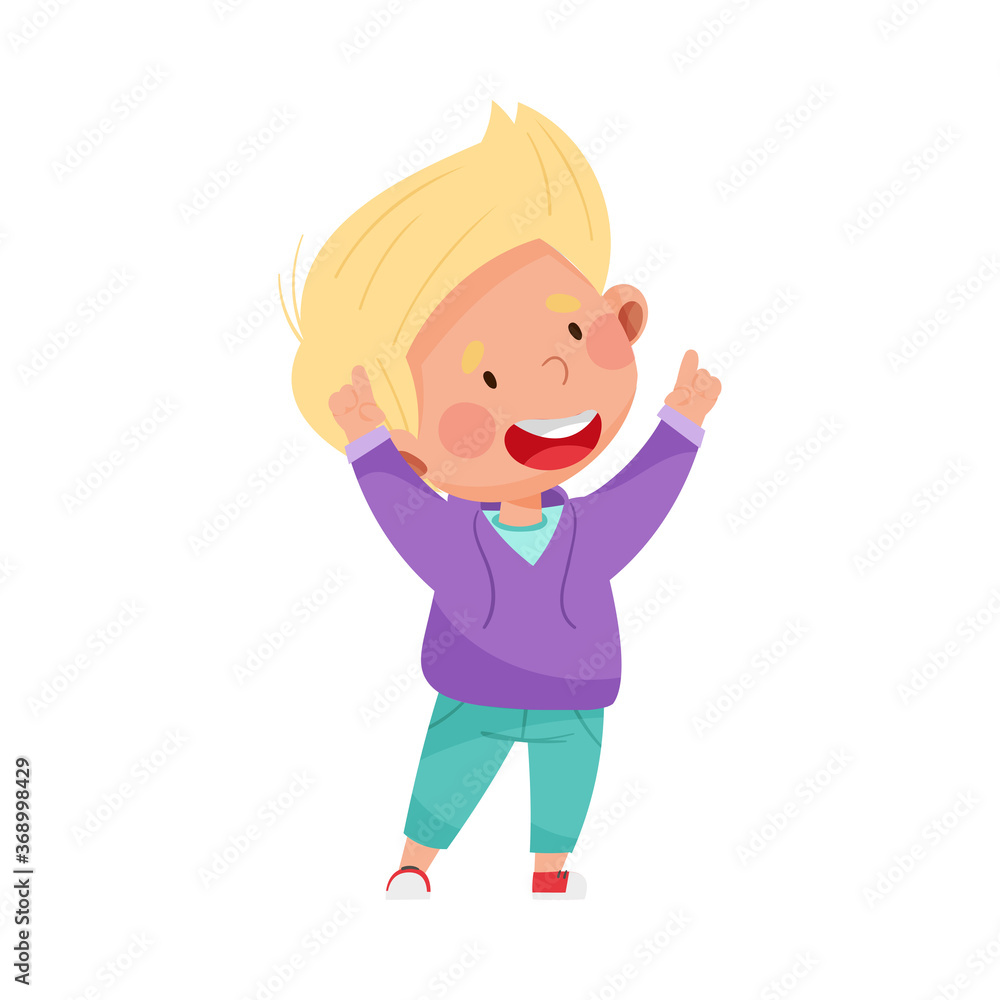 Boy Character with Blonde Hair Pointing at Something with His First Finger Vector Illustration Boy Character with Blonde Hair Pointing at Something with His First Finger Vector Illustration