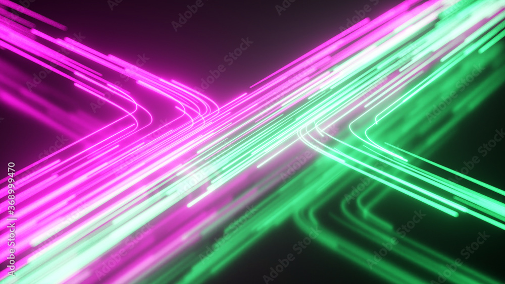 Fototapeta Zielony i fioletowy strumień neonów. High tech streszczenie tło krzywej. Kreatywna tekstura w paski. Transfer informacji w cyberprzestrzeni. Promienie światła w ruchu. ilustracja 3d