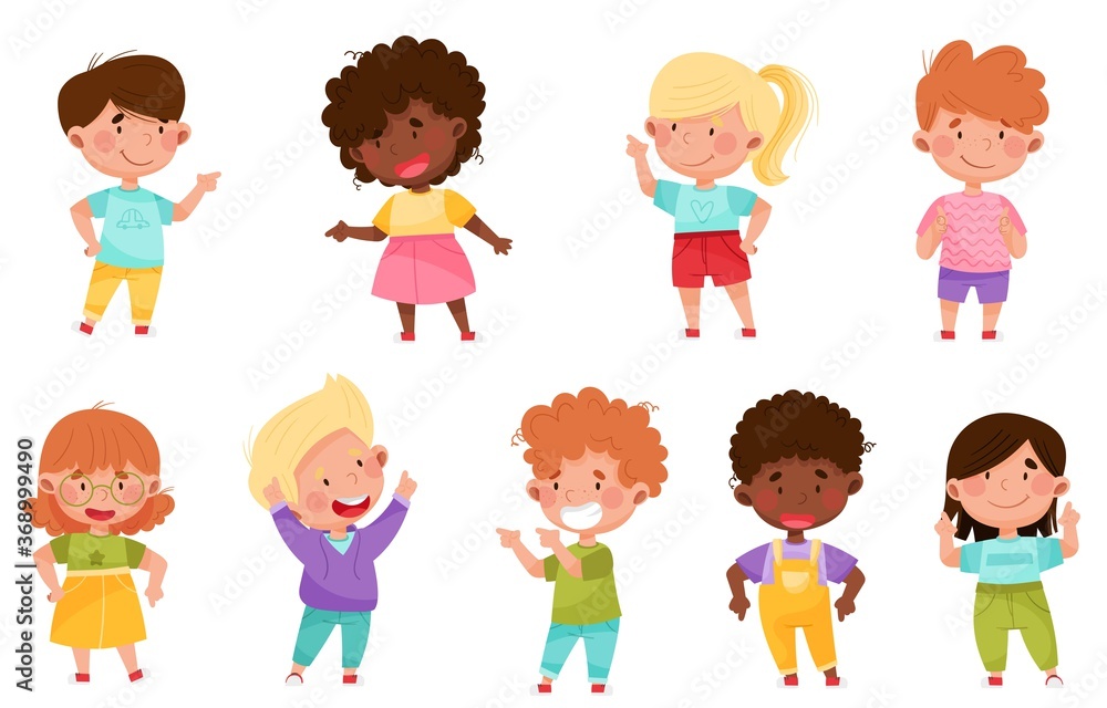 Kid Characters Pointing at Something with Their First Finger Vector Illustration Set Kid Characters Pointing at Something with Their First Finger Vector Illustration Set
