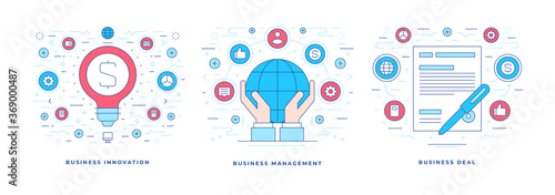Foto Vector illustrations of flat line banners with icons representing business innov