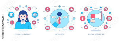 Vector illustration of flat line banners with icons various client oriented services for social media marketing campaign