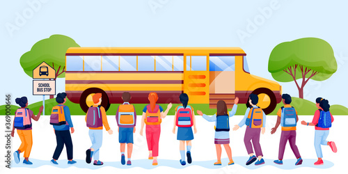 Back to school concept. Kids schoolchildren with backpacks run to yellow bus. Vector flat cartoon back view illustration