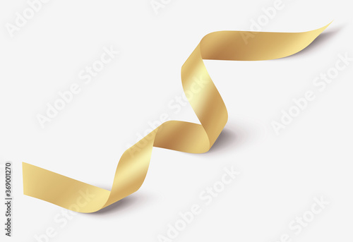 Decorative gold ribbon with shadow isolated on gray. Christmas and new year holiday decoration. Vector illustration.
