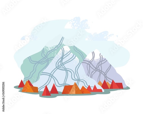 Color banner about tourism and hiking in the mountains drwan in a flat modern style. Mountains with ski tracks and red tents. The concept of extreme and life style and overtourism. Vector illustration