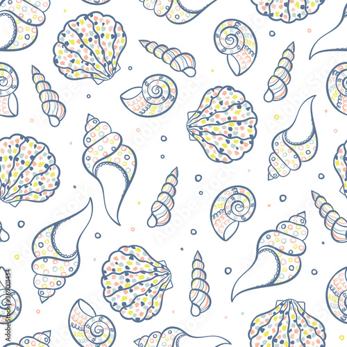 Fun hand drawn under water seamless pattern with cute seashells, childish background, great for textiles, banners, wallpapers, wrapping - vector design