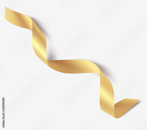 Decorative gold ribbon with shadow isolated on gray. Christmas and new year holiday decoration. Vector illustration.