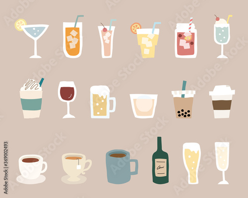 飲み物の手書きイラストのセット／ジュース／ワイン／コーヒー／カクテル／おしゃれ