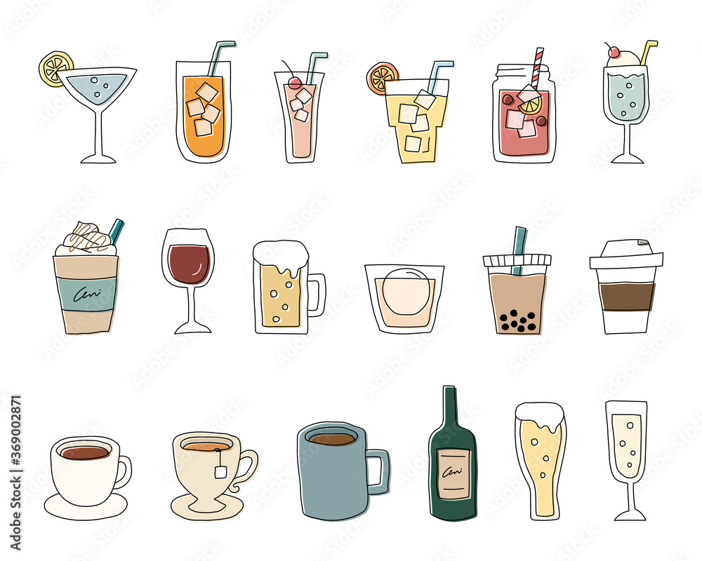 飲み物の手書きイラストのセット ジュース ワイン コーヒー カクテル おしゃれ Illustration Stock Adobe Stock