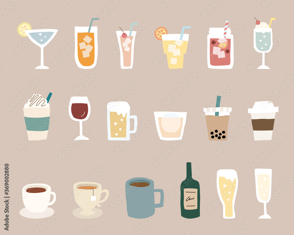 飲み物の手書きイラストのセット ジュース ワイン コーヒー カクテル おしゃれ Ilustracion De Stock Adobe Stock