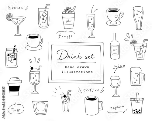 飲み物の手書きイラストのセット ジュース ワイン コーヒー カクテル おしゃれ Stock Illustration Adobe Stock