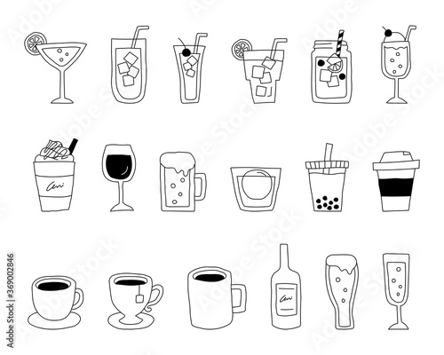 飲み物の手書きイラストのセット ジュース ワイン コーヒー カクテル おしゃれ Illyustraciya Stock Adobe Stock