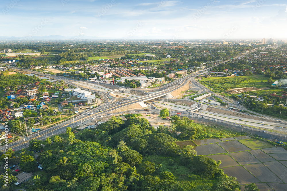 Aerial view of highway road and intersection road in Chiang Mai of Thailand.