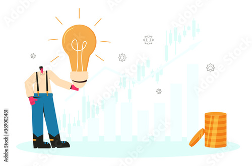 Ivestment idea concept. Stock market boom. Man with lightbulb and coins stack. Vector flat illustration.
