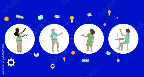 Online communication and financial flows concept. Money transfer, payment and exchange with phone and laptop. People business remote work. Line art flat vector illustration. 