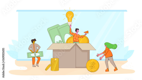 Crowdfunding concept. Young people raising money together. characters with huge coins and donation box. Startup investment with volunteers. Line art flat vector illustration. 