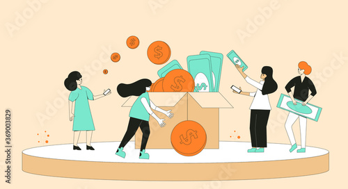 Crowdfunding concept. Young people raising money together. characters with huge coins and donation box. Startup investment with volunteers. Line art flat vector illustration. 