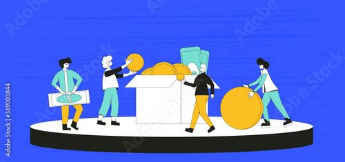 Donation concept. Young people raising money together. Characters with huge coins and box. Social investment with volunteers. Line art flat vector illustration. 