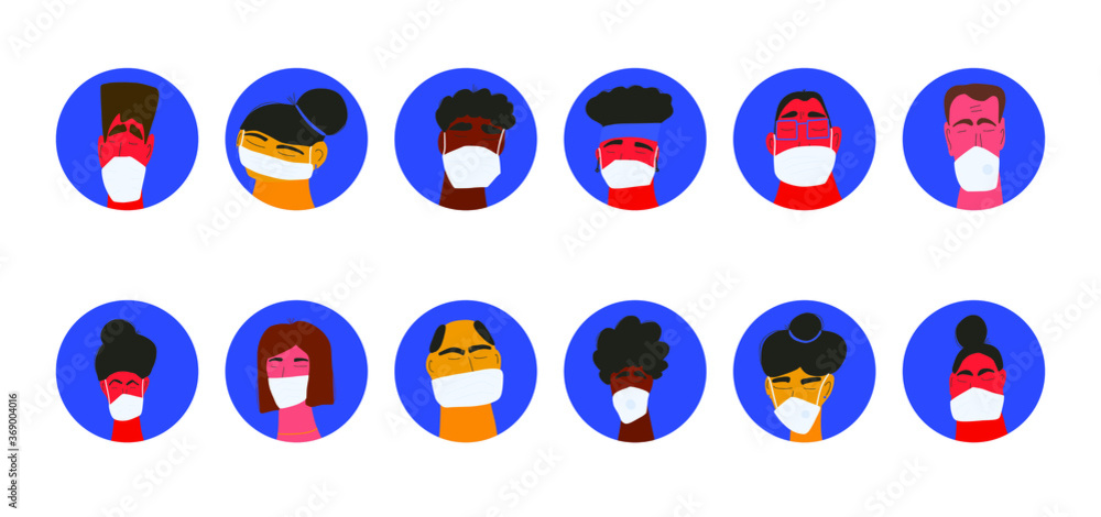 Coronavirus. Men and women in white medical face mask icons isolated. Different characters in prevention masks. Pandemic of coronavirus. Vector flat illustration. Coronavirus. Men and women in white medical face mask icons isolated. Different characters in prevention masks. Pandemic of coronavirus. Vector flat illustration.