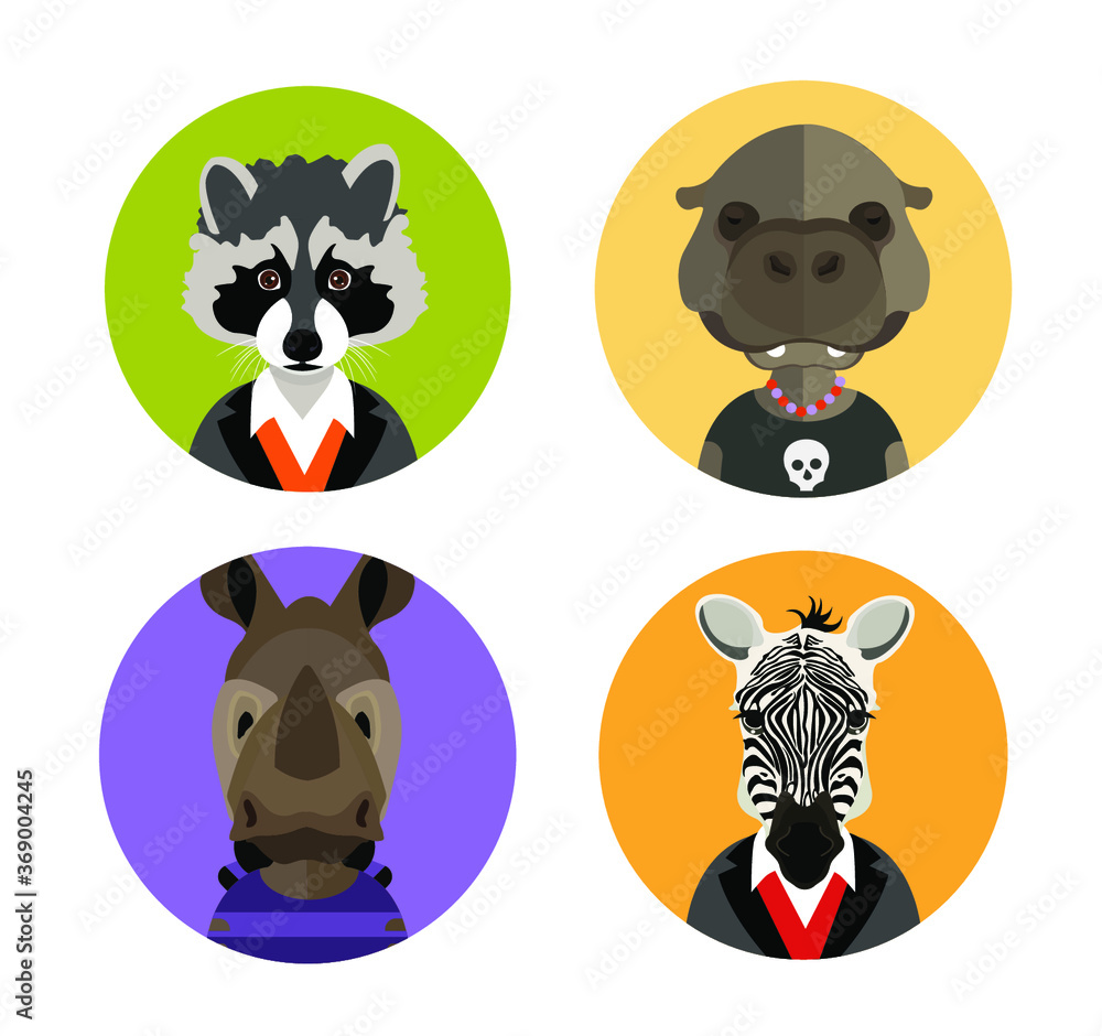 Obraz premium Hippo, rhino, raccoon and zebra