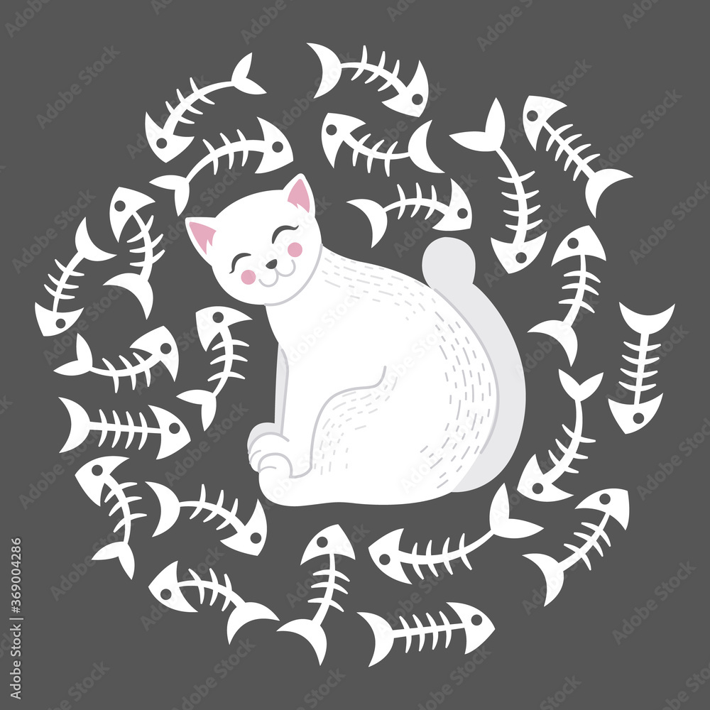 Illustration of a white cat surrounded by a fish bones cartoon-style illustration on a dark background, vector eps 10 format