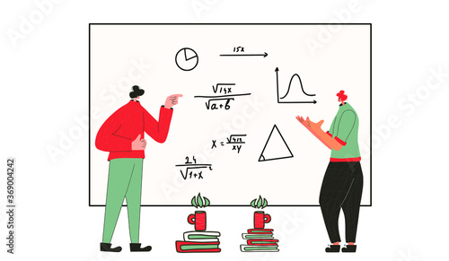 Colleagues in learning process. Two scientists argue. Math. Vector flat illustration.