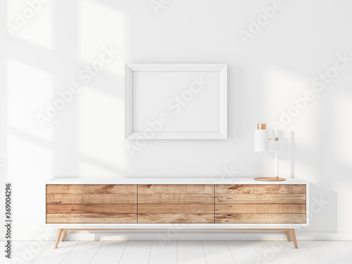 White poster Frame Mockup hanging on wall above bureau © customdesigner