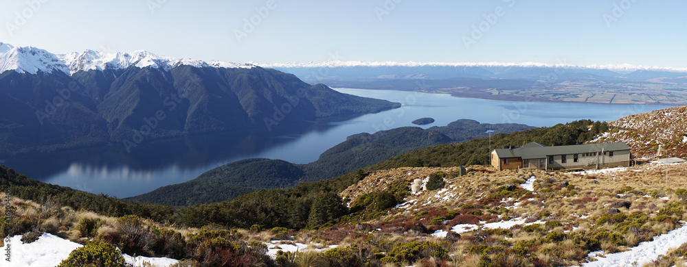 Fototapeta premium Panoramic mountain views near Luxmore Hut in the Fiordland National Park along the Kepler Track near Te Anau in New Zealand.