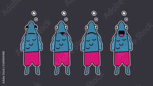 Funny sticker of a fish in pink shorts. Fish with a funny look. Good for postcards, stickers and children's books. Isolated. Vector.