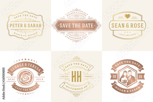 Wedding invitations save the date logos and badges vector elegant templates set