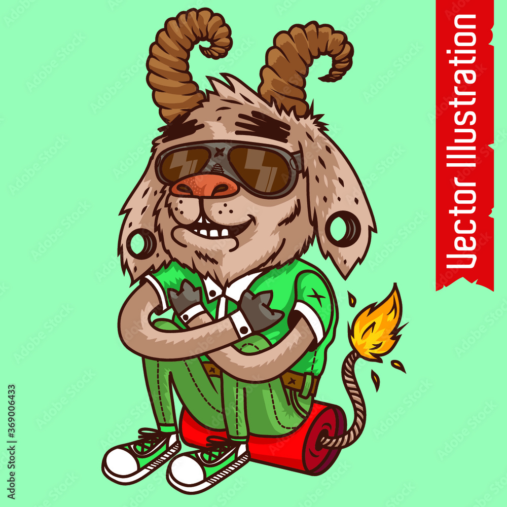 Obraz premium Goat teenager. Ram hipster sits on huge firecracker. Brutal sheep with glasses sitting on fireworks. Swag print for t-shirt and tee. Tshirt design. Tee graphics. Print for merch. Vector illustration