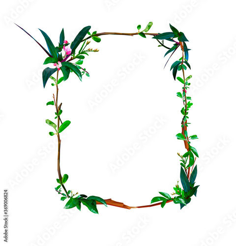 Vector vertical rectangular frame consisting of blossoming flowers, branches, leaves, buds Wreath, floral and herbs garland. Botanic design green ornament concept in lowpoly style isolated on white