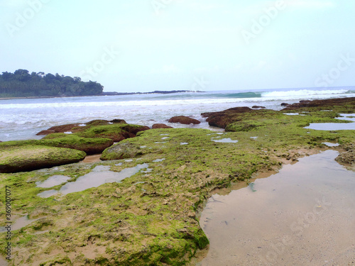 Rocky coast of the Seupang Beach around Sawarna Banten Indonesia photo