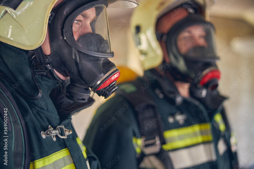 Naklejka premium Dwóch strażaków w maskach ochronnych i żółtych hełmach
