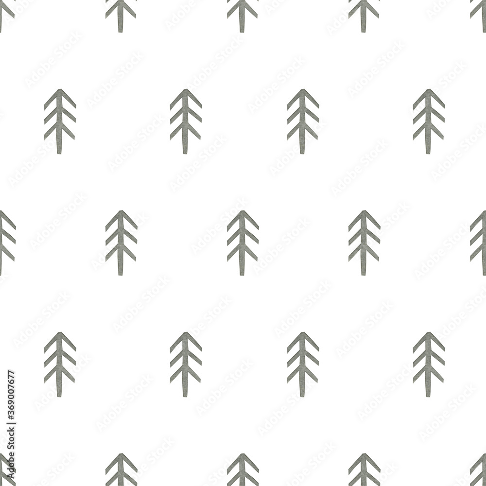 Christmas watercolor seamless pattern of fir trees on a white background. Scandinavian style.