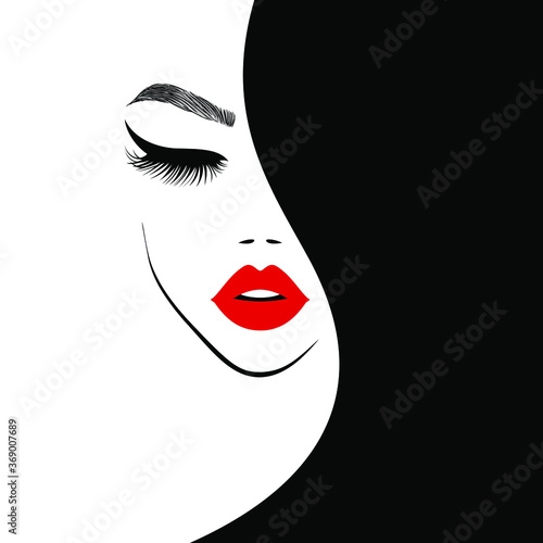 Beauty logo, beautiful woman face, sexy red lips, eyelash extensions, fashion woman, curly hairstyle, hair salon sign, icon, hand with red manicure nails. Vector illustration.