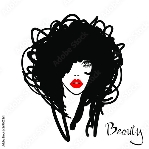 Beauty Logo. Beautiful sexy woman face, red lips, black hand drawn hair style, fashion hairdresser, element design, spa salon. Vector illustration. Isolated on white. 